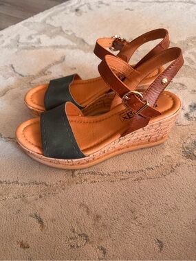 Pikolinos Cut-Out Wedge Sandals with Green Front and Brown Ankle Straps